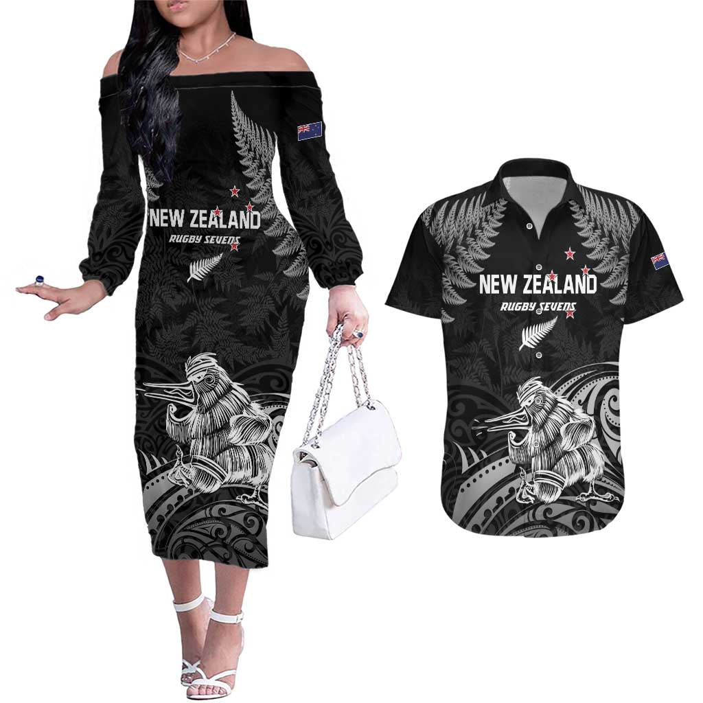 Custom New Zealand 2024 Rugby Couples Matching Off The Shoulder Long Sleeve Dress and Hawaiian Shirt Silver Fern Aotearoa Kiwi LT01 Black - Polynesian Pride