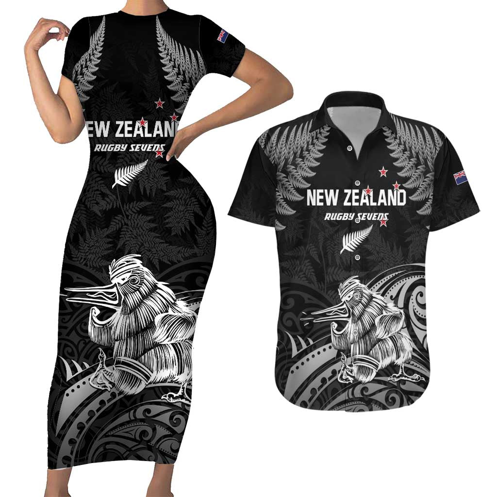 Custom New Zealand 2024 Rugby Couples Matching Short Sleeve Bodycon Dress and Hawaiian Shirt Silver Fern Aotearoa Kiwi LT01 Black - Polynesian Pride