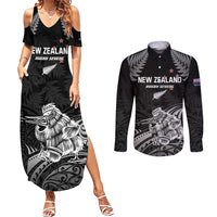Custom New Zealand 2024 Rugby Couples Matching Summer Maxi Dress and Long Sleeve Button Shirt Silver Fern Aotearoa Kiwi LT01 Black - Polynesian Pride