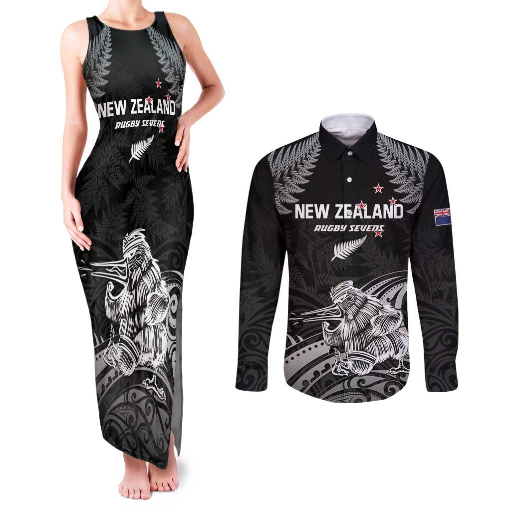 Custom New Zealand 2024 Rugby Couples Matching Tank Maxi Dress and Long Sleeve Button Shirt Silver Fern Aotearoa Kiwi LT01 Black - Polynesian Pride