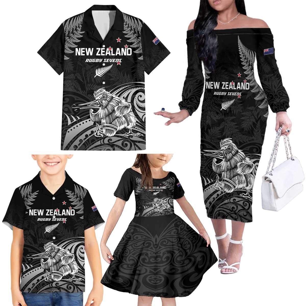 Custom New Zealand 2024 Rugby Family Matching Off The Shoulder Long Sleeve Dress and Hawaiian Shirt Silver Fern Aotearoa Kiwi LT01 - Polynesian Pride