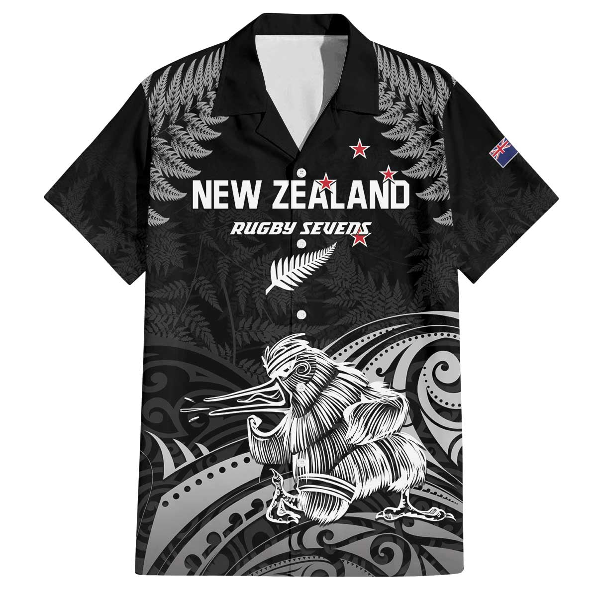 Custom New Zealand 2024 Rugby Family Matching Off The Shoulder Long Sleeve Dress and Hawaiian Shirt Silver Fern Aotearoa Kiwi LT01 Dad's Shirt - Short Sleeve Black - Polynesian Pride
