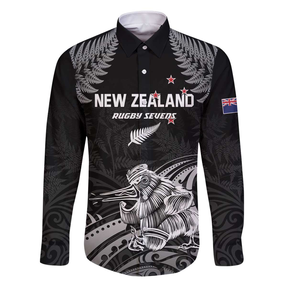 Custom New Zealand 2024 Rugby Family Matching Off The Shoulder Long Sleeve Dress and Hawaiian Shirt Silver Fern Aotearoa Kiwi LT01 Dad's Shirt - Long Sleeve Black - Polynesian Pride