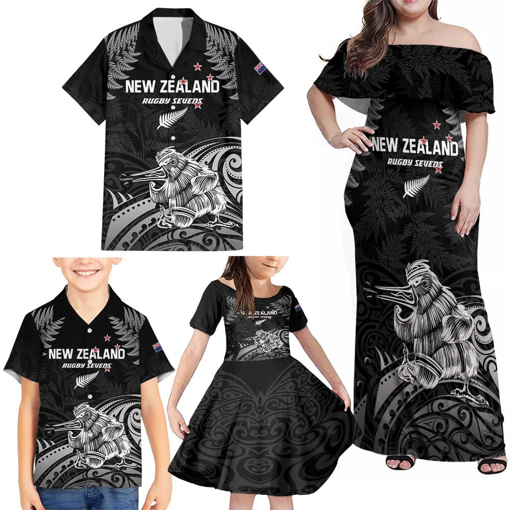 Custom New Zealand 2024 Rugby Family Matching Off Shoulder Maxi Dress and Hawaiian Shirt Silver Fern Aotearoa Kiwi LT01 - Polynesian Pride