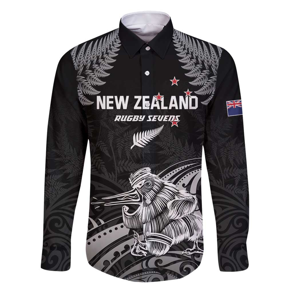 Custom New Zealand 2024 Rugby Family Matching Off Shoulder Maxi Dress and Hawaiian Shirt Silver Fern Aotearoa Kiwi LT01 Dad's Shirt - Long Sleeve Black - Polynesian Pride
