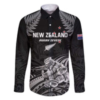 Custom New Zealand 2024 Rugby Family Matching Off Shoulder Maxi Dress and Hawaiian Shirt Silver Fern Aotearoa Kiwi LT01 Dad's Shirt - Long Sleeve Black - Polynesian Pride