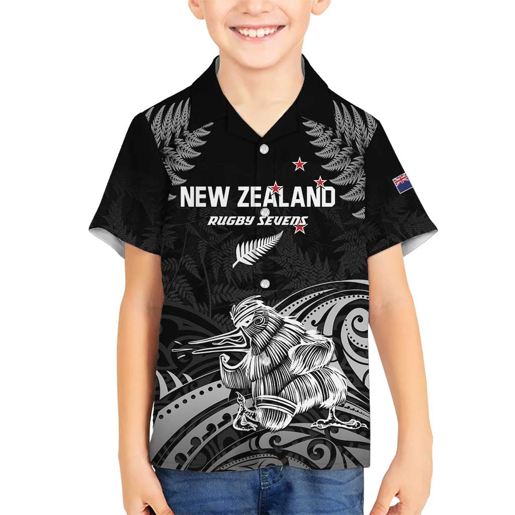Custom New Zealand 2024 Rugby Family Matching Off Shoulder Maxi Dress and Hawaiian Shirt Silver Fern Aotearoa Kiwi LT01 Son's Shirt Black - Polynesian Pride