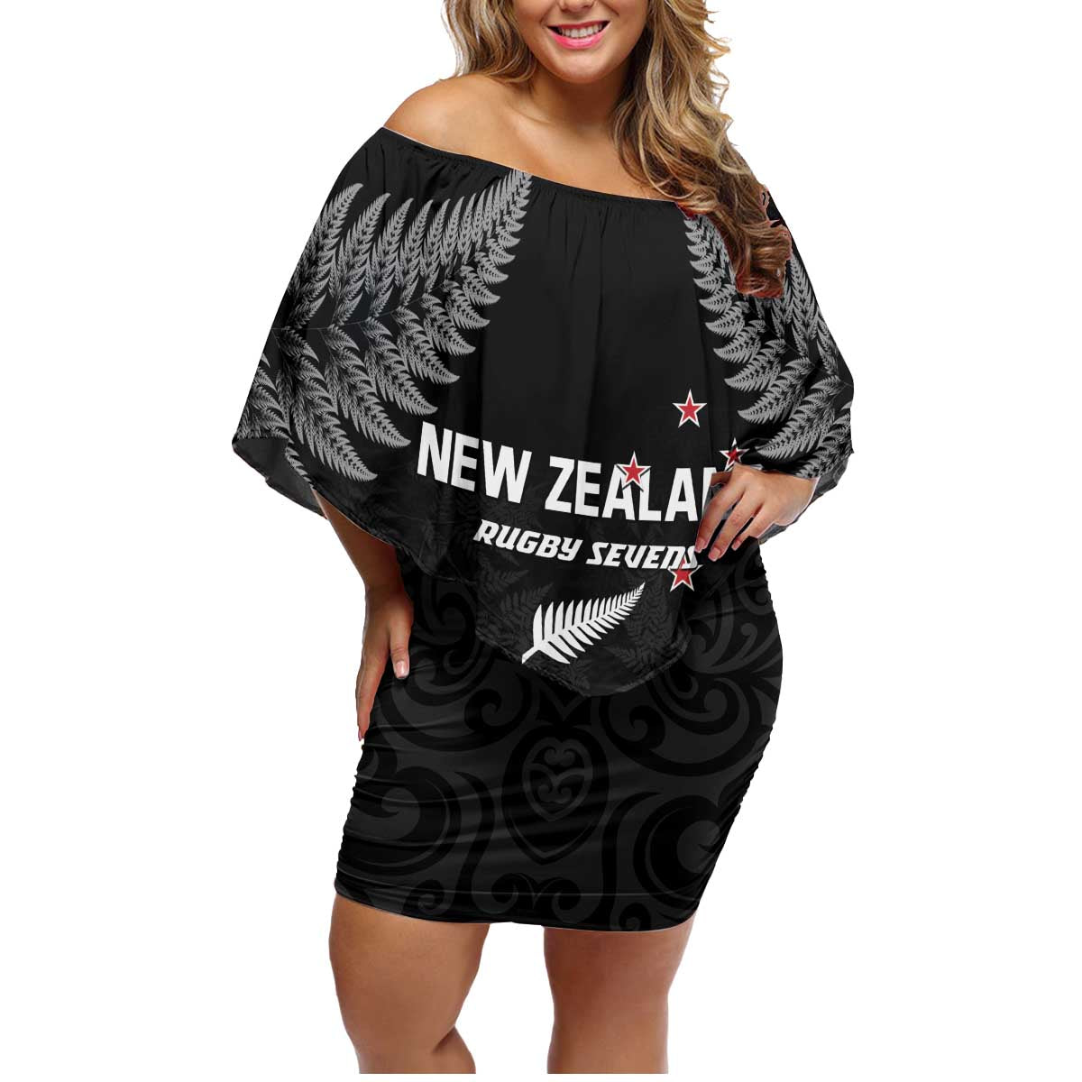 Custom New Zealand 2024 Rugby Family Matching Off Shoulder Short Dress and Hawaiian Shirt Silver Fern Aotearoa Kiwi LT01 Mom's Dress Black - Polynesian Pride