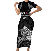 Custom New Zealand 2024 Rugby Family Matching Short Sleeve Bodycon Dress and Hawaiian Shirt Silver Fern Aotearoa Kiwi LT01 Mom's Dress Black - Polynesian Pride