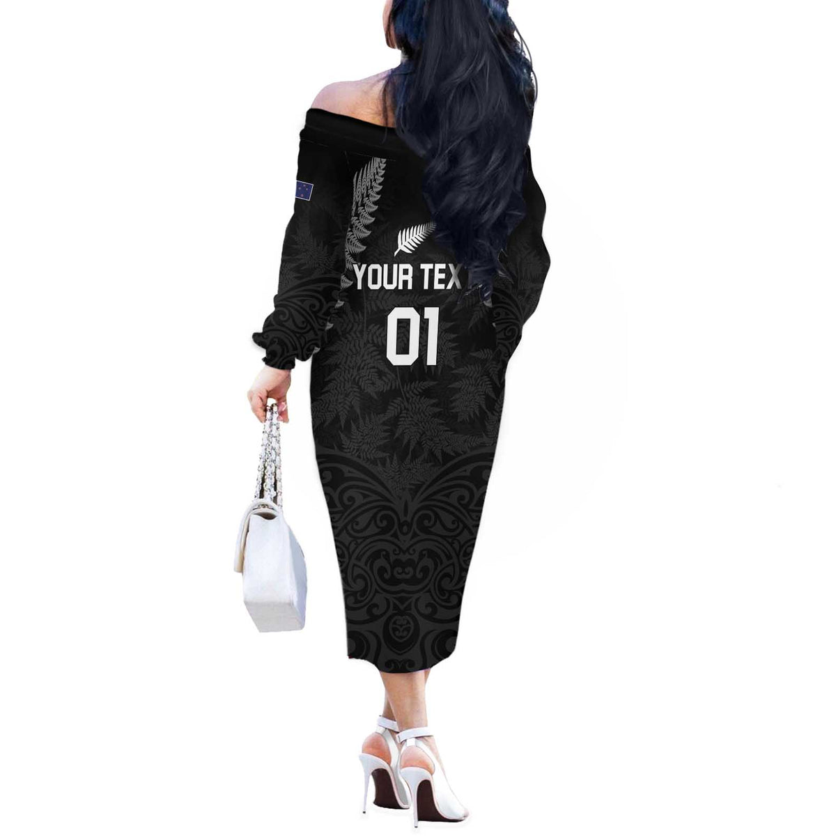 Custom New Zealand 2024 Rugby Off The Shoulder Long Sleeve Dress Silver Fern Aotearoa Kiwi