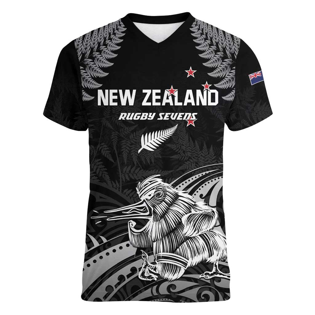 Custom New Zealand 2024 Rugby Women V-Neck T-Shirt Silver Fern Aotearoa Kiwi LT01 Female Black - Polynesian Pride