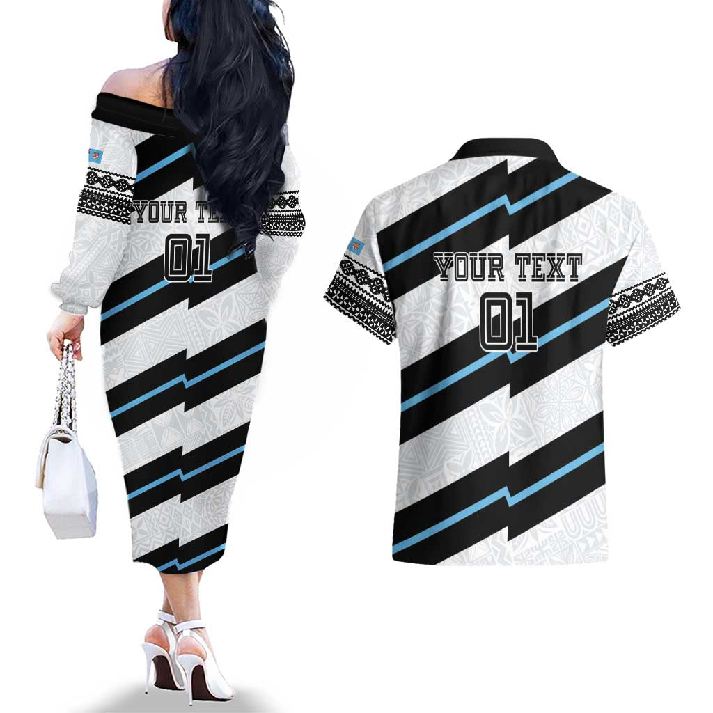 Custom Fiji 2024 Rugby Couples Matching Off The Shoulder Long Sleeve Dress and Hawaiian Shirt Fijian Tapa Pattern LT01 - Polynesian Pride