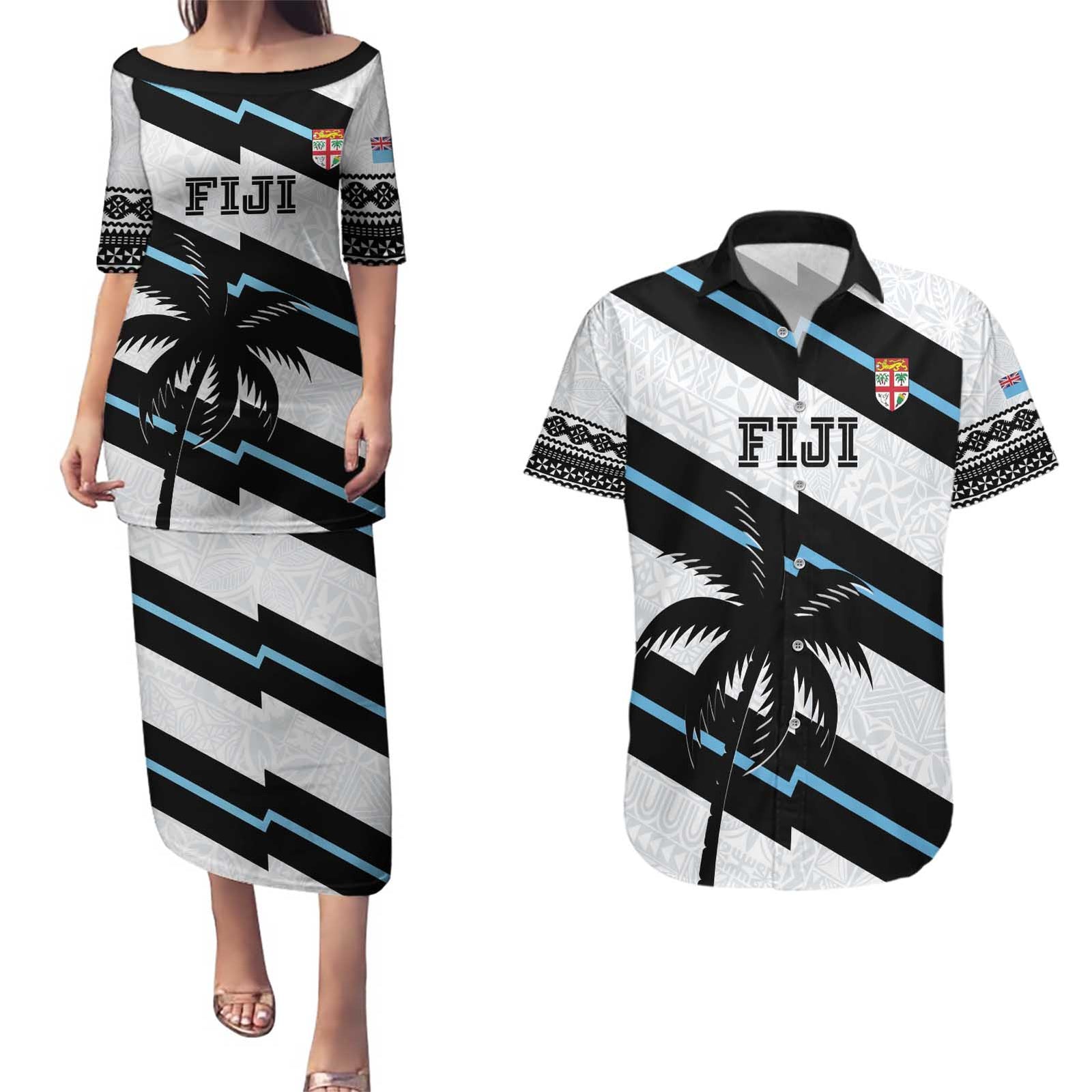 Custom Fiji 2024 Rugby Couples Matching Puletasi and Hawaiian Shirt Fijian Tapa Pattern