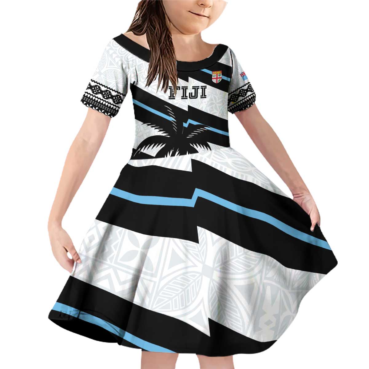 Custom Fiji 2024 Rugby Family Matching Off Shoulder Short Dress and Hawaiian Shirt Fijian Tapa Pattern LT01 Daughter's Dress White - Polynesian Pride