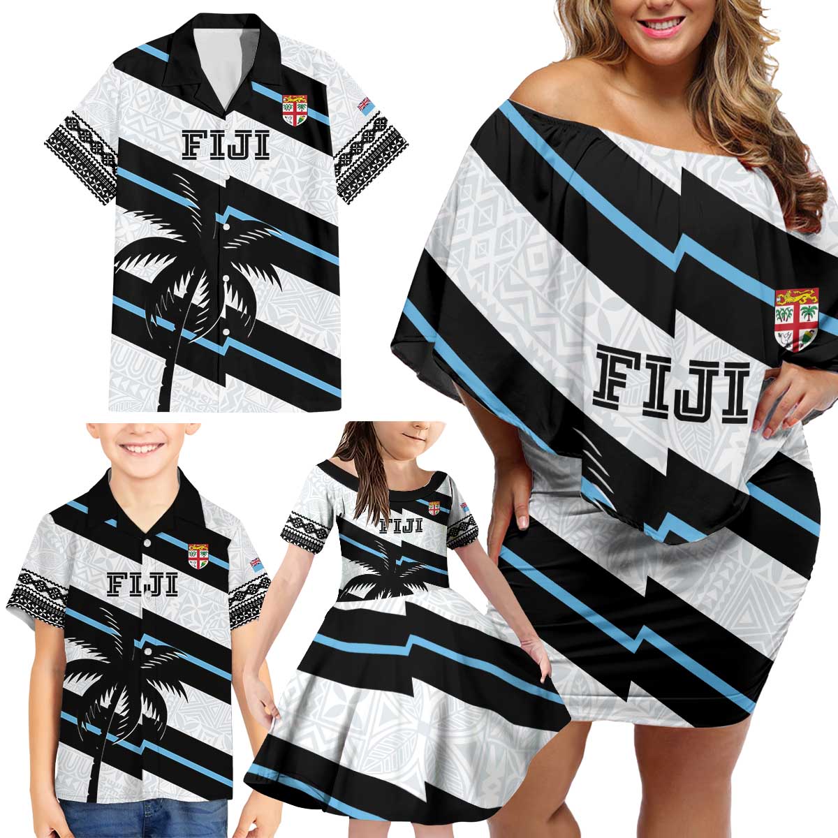 Custom Fiji 2024 Rugby Family Matching Off Shoulder Short Dress and Hawaiian Shirt Fijian Tapa Pattern LT01 - Polynesian Pride