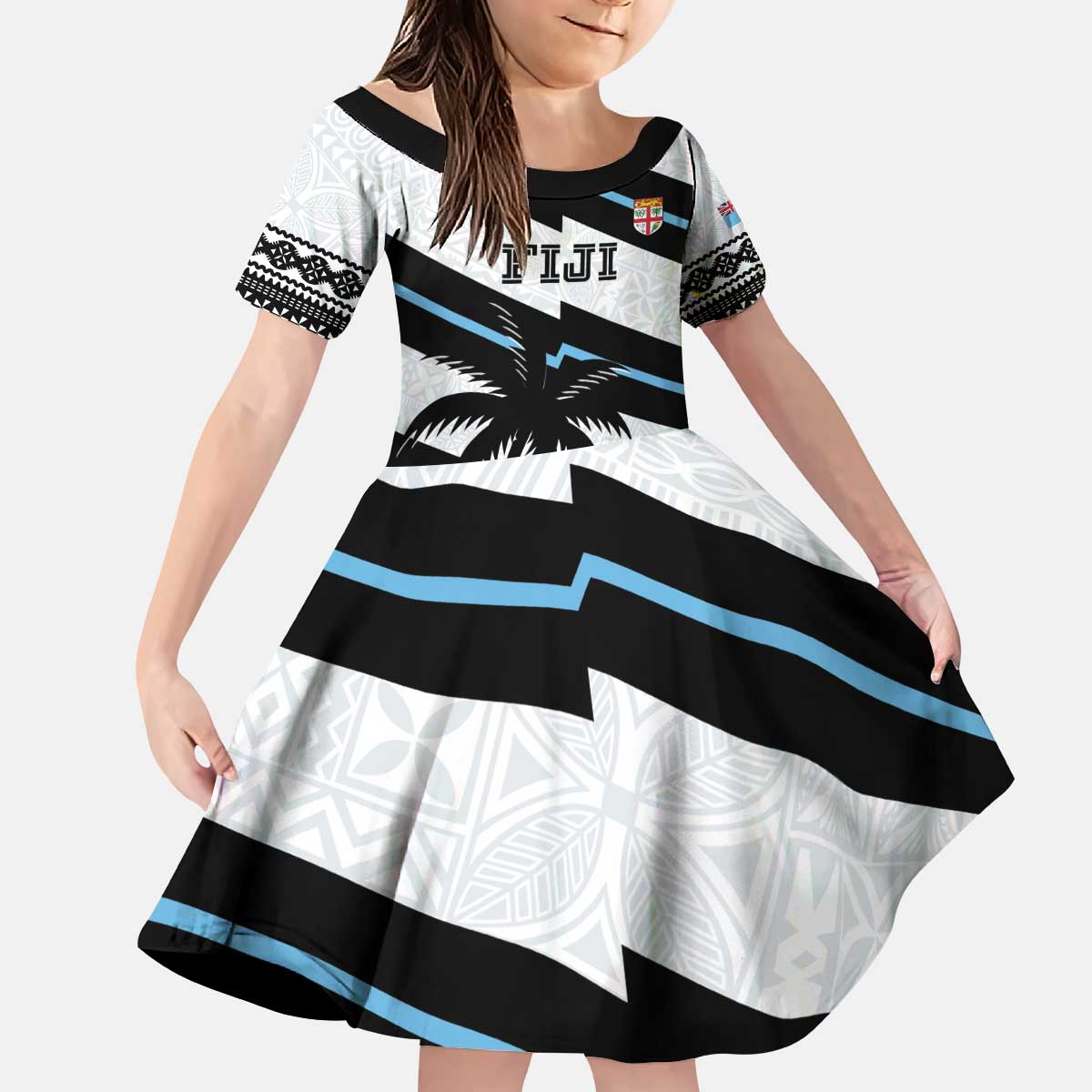 Custom Fiji 2024 Rugby Kid Short Sleeve Dress Fijian Tapa Pattern