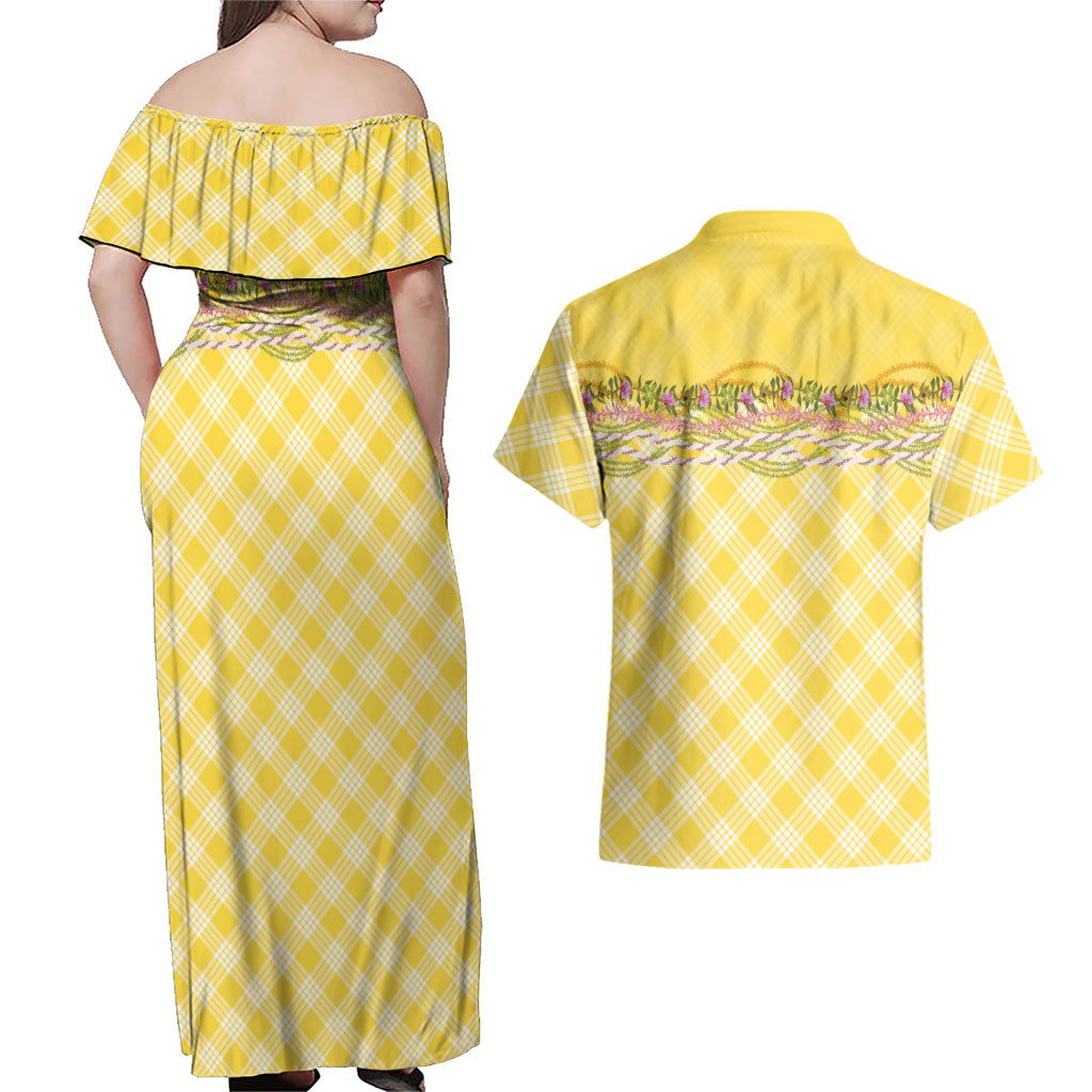 Hawaii Palaka Pikake Lokelani Plumeria Couples Matching Off Shoulder Maxi Dress and Hawaiian Shirt Melemele Coquette Bow