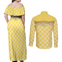 Hawaii Palaka Pikake Lokelani Plumeria Couples Matching Off Shoulder Maxi Dress and Long Sleeve Button Shirt Melemele Coquette Bow