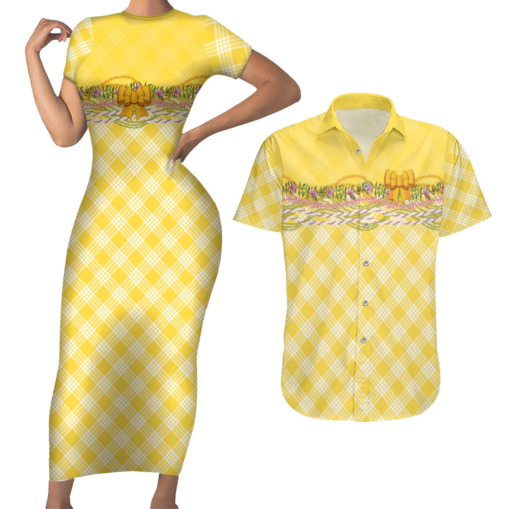 Hawaii Palaka Pikake Lokelani Plumeria Couples Matching Short Sleeve Bodycon Dress and Hawaiian Shirt Melemele Coquette Bow LT01 Yellow - Polynesian Pride