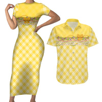 Hawaii Palaka Pikake Lokelani Plumeria Couples Matching Short Sleeve Bodycon Dress and Hawaiian Shirt Melemele Coquette Bow LT01 Yellow - Polynesian Pride
