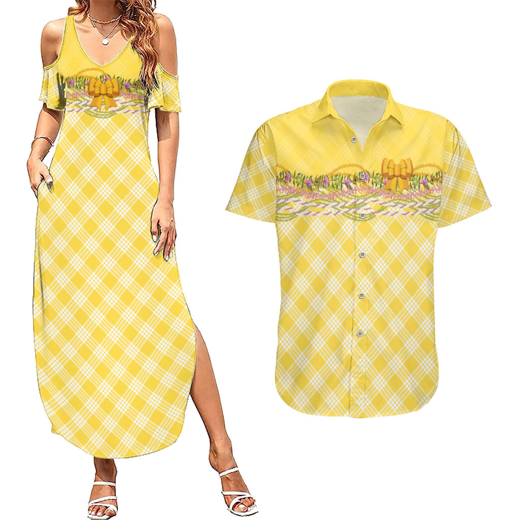 Hawaii Palaka Pikake Lokelani Plumeria Couples Matching Summer Maxi Dress and Hawaiian Shirt Melemele Coquette Bow