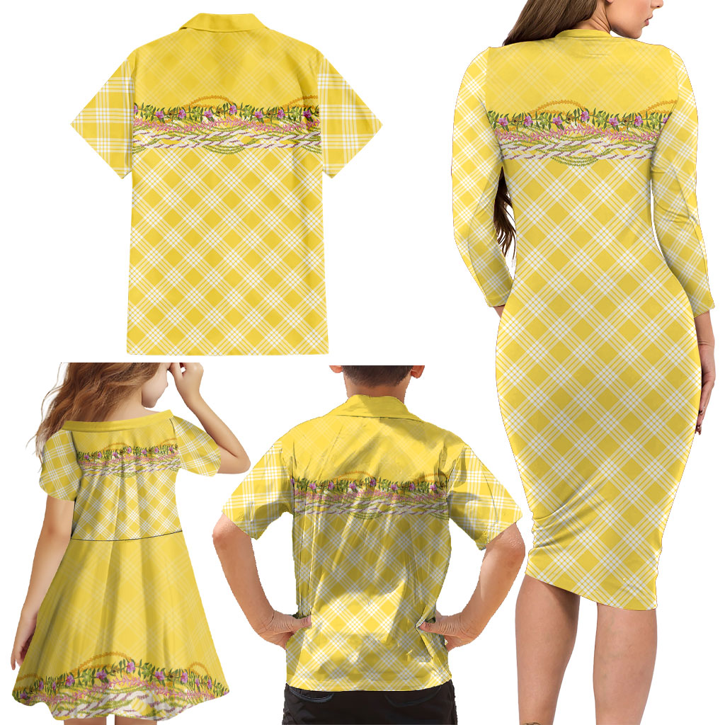 Hawaii Palaka Pikake Lokelani Plumeria Family Matching Long Sleeve Bodycon Dress and Hawaiian Shirt Melemele Coquette Bow LT01 - Polynesian Pride