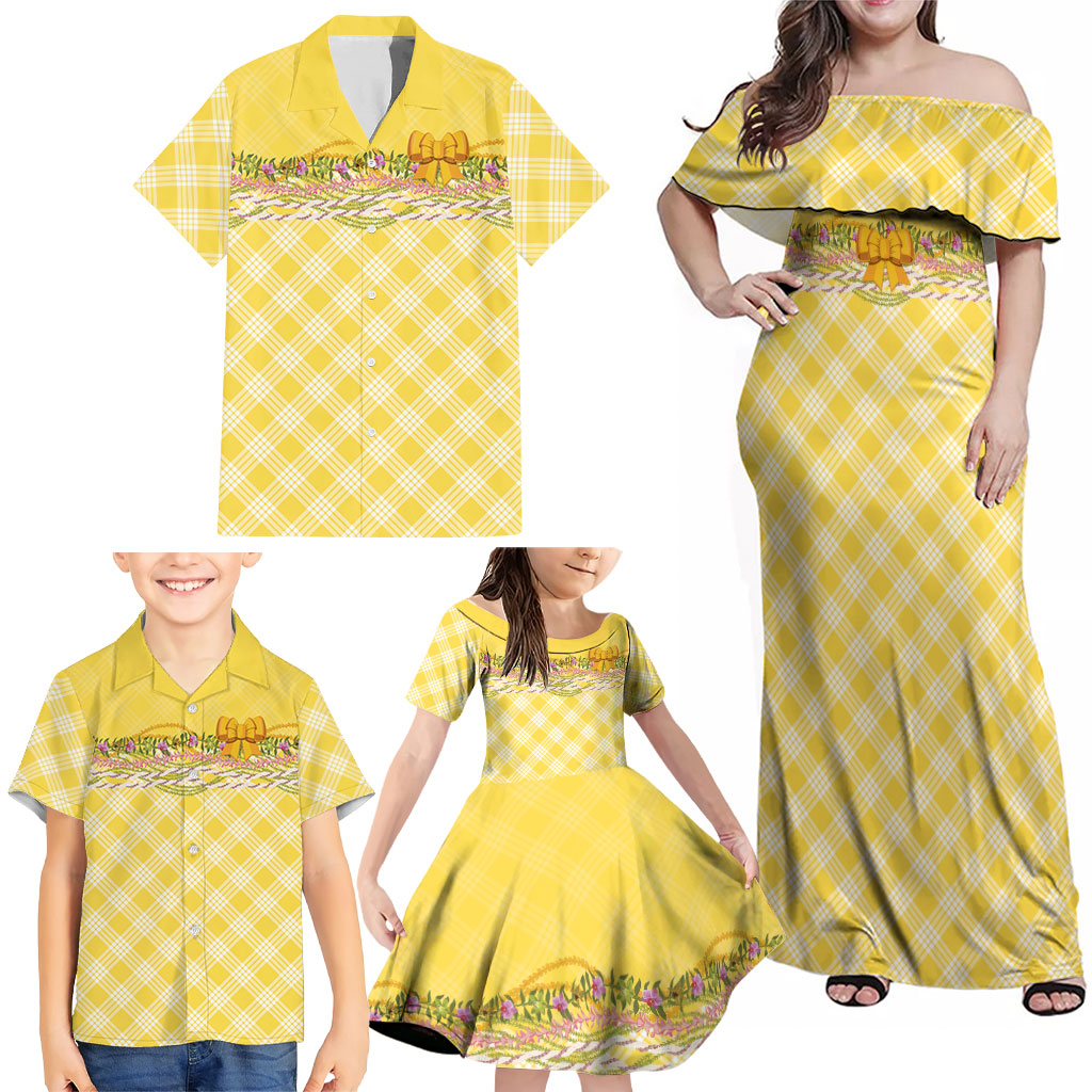 Hawaii Palaka Pikake Lokelani Plumeria Family Matching Off Shoulder Maxi Dress and Hawaiian Shirt Melemele Coquette Bow LT01 - Polynesian Pride