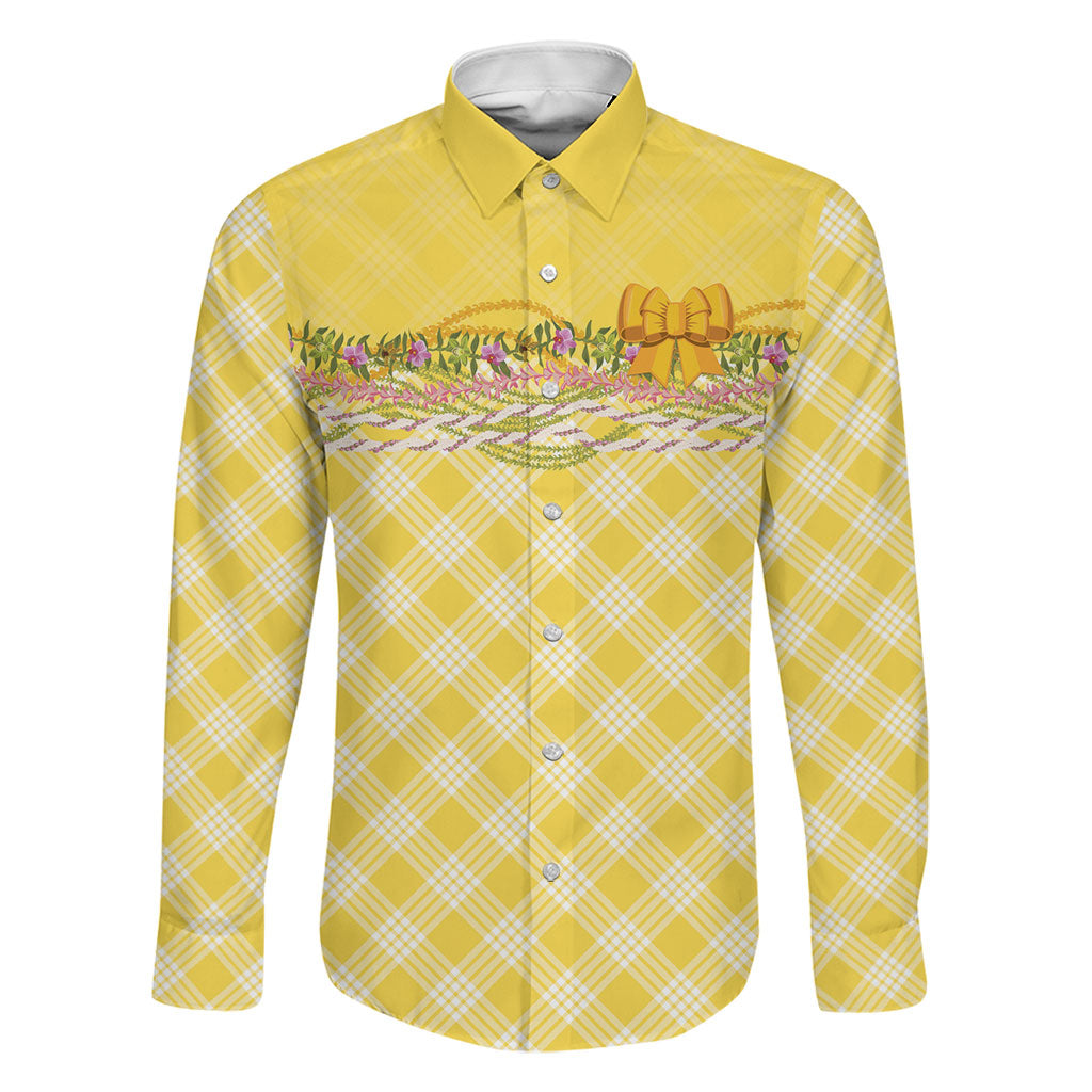 Hawaii Palaka Pikake Lokelani Plumeria Family Matching Off Shoulder Maxi Dress and Hawaiian Shirt Melemele Coquette Bow LT01 Dad's Shirt - Long Sleeve Yellow - Polynesian Pride