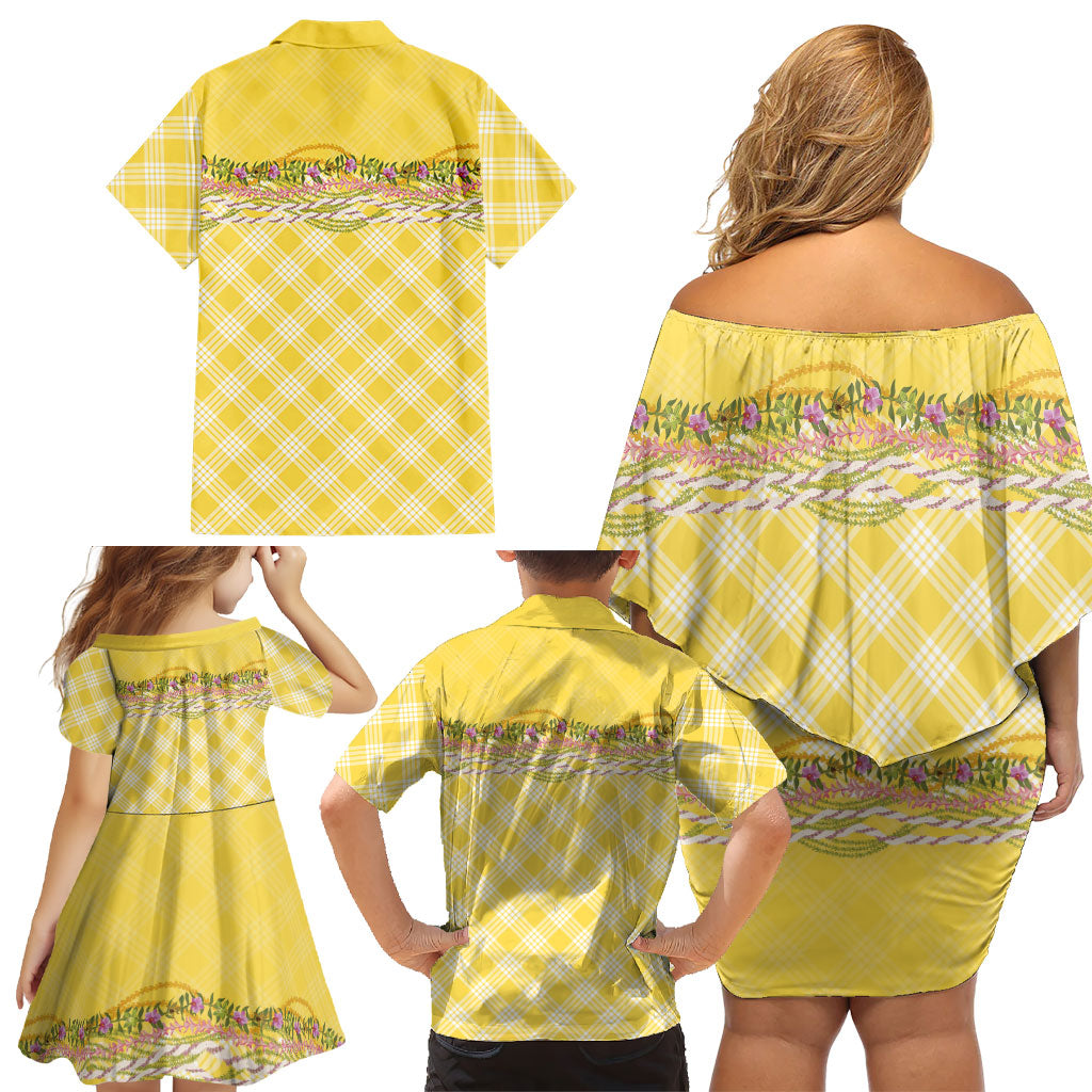 Hawaii Palaka Pikake Lokelani Plumeria Family Matching Off Shoulder Short Dress and Hawaiian Shirt Melemele Coquette Bow