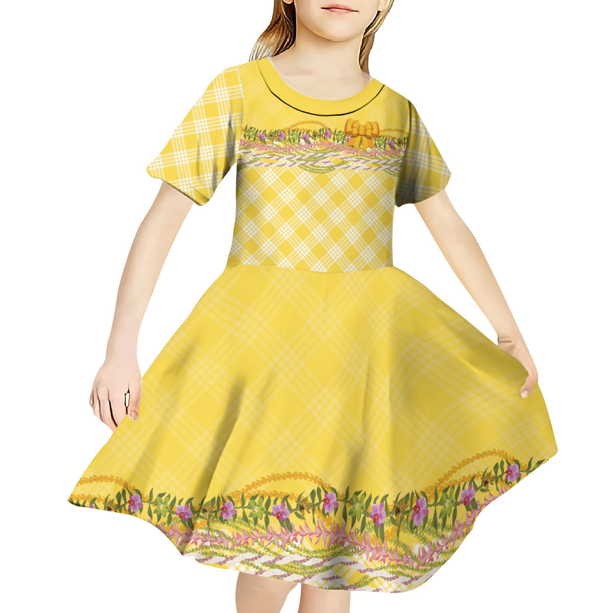 Hawaii Palaka Pikake Lokelani Plumeria Kid Short Sleeve Dress Melemele Coquette Bow