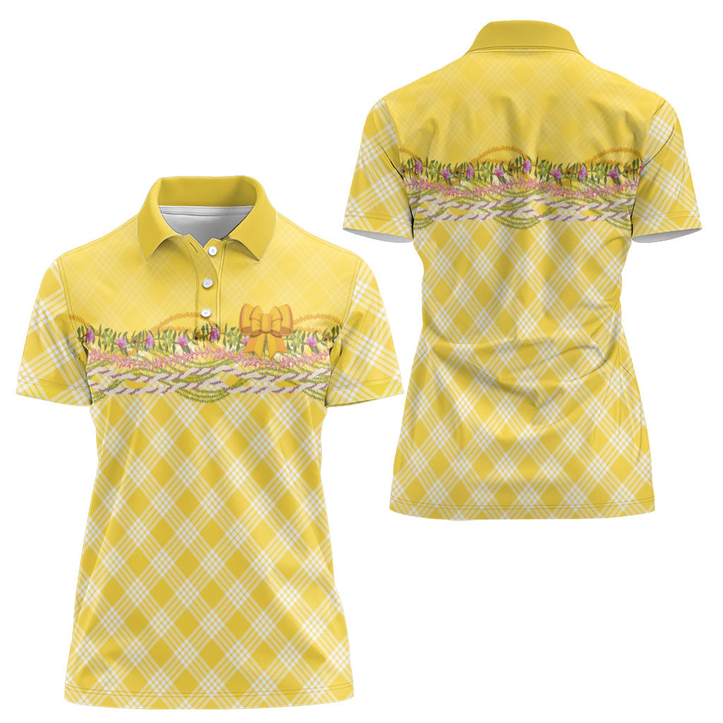 Hawaii Palaka Pikake Lokelani Plumeria Women Polo Shirt Melemele Coquette Bow