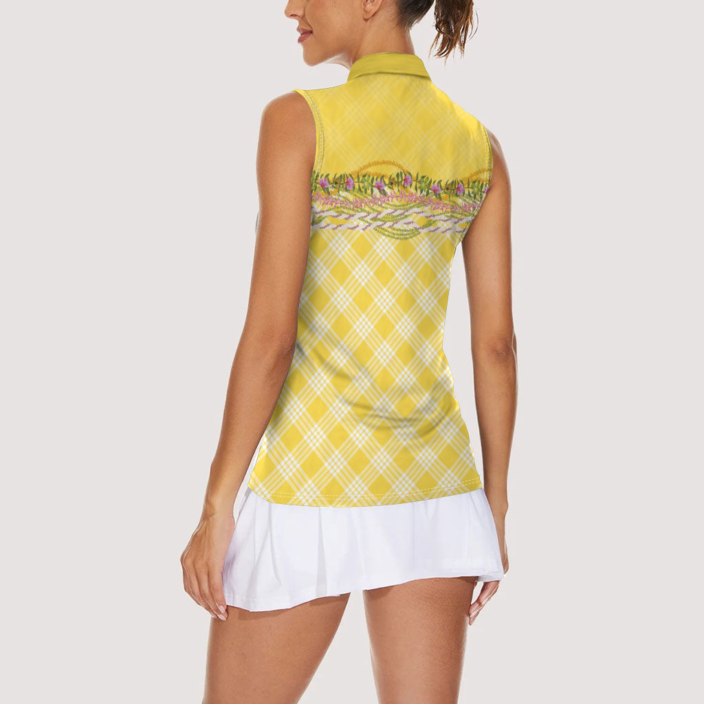 Hawaii Palaka Pikake Lokelani Plumeria Women Sleeveless Polo Shirt Melemele Coquette Bow