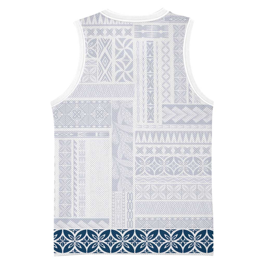 Samoa Siapo Blue Trimmed Basketball Jersey Samoa White Sunday - Polynesian Pride