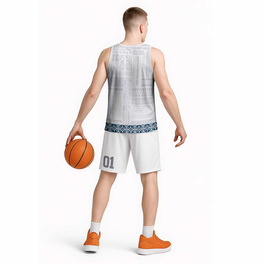 Samoa Siapo Blue Trimmed Basketball Jersey Samoa White Sunday - Polynesian Pride