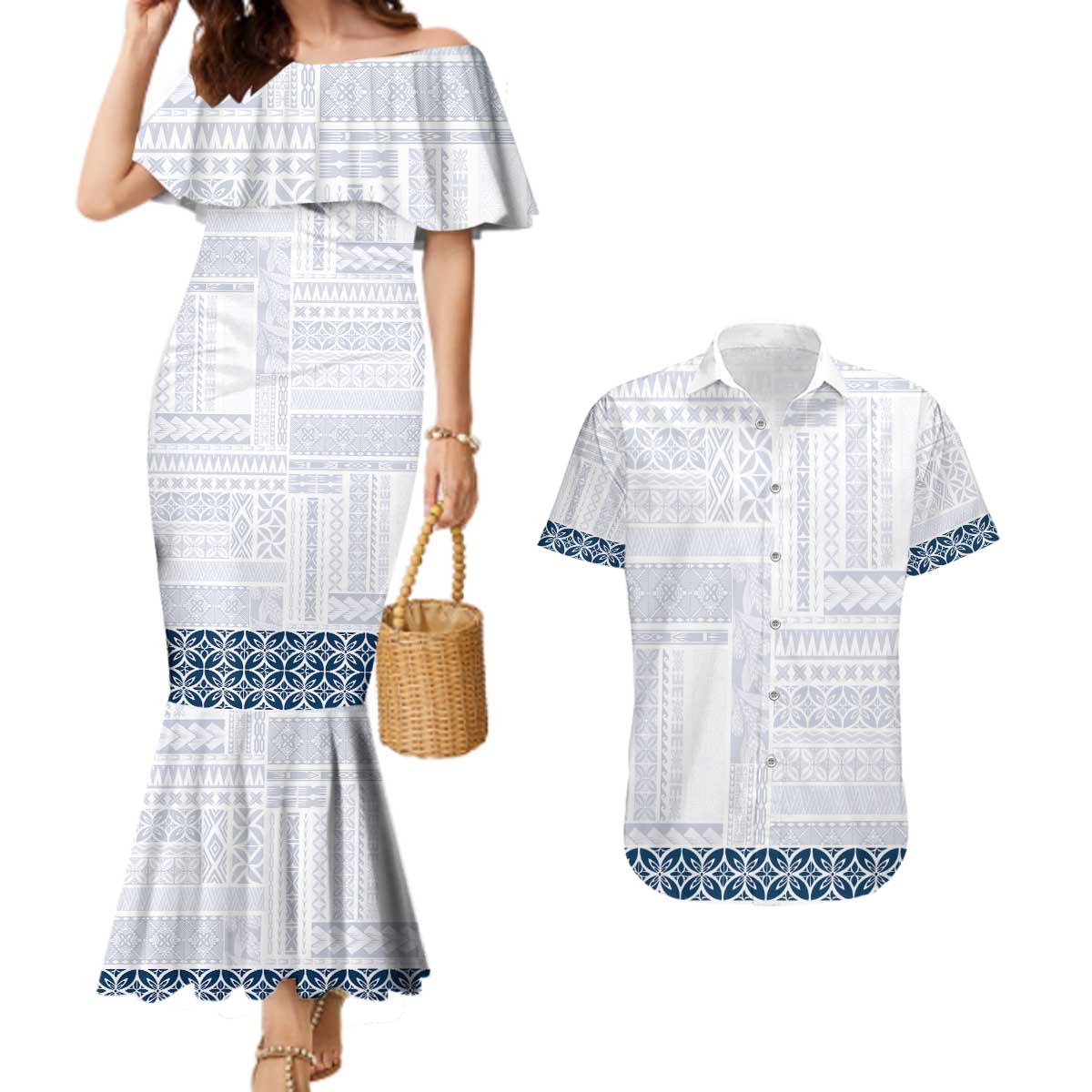 Samoa Siapo Blue Trimmed Couples Matching Mermaid Dress and Hawaiian Shirt Samoa White Sunday - Polynesian Pride