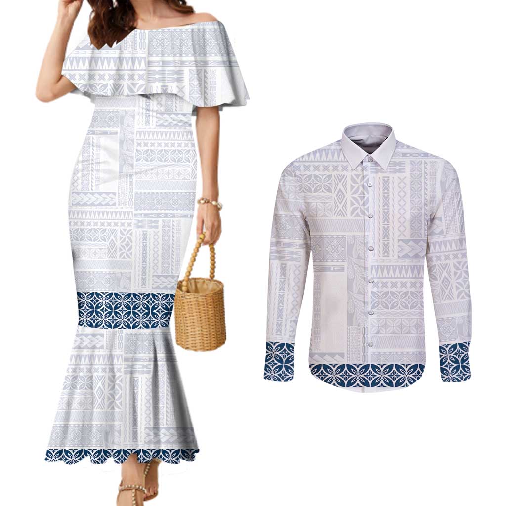 Samoa Siapo Blue Trimmed Couples Matching Mermaid Dress and Long Sleeve Button Shirt Samoa White Sunday - Polynesian Pride