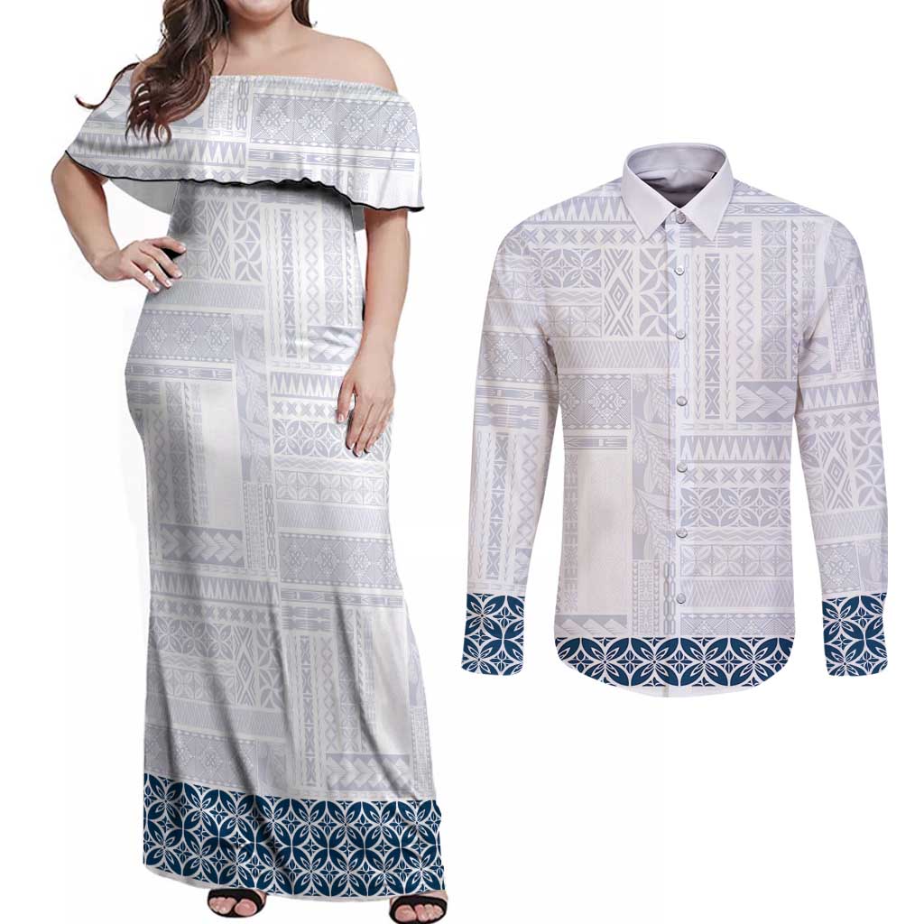 Samoa Siapo Blue Trimmed Couples Matching Off Shoulder Maxi Dress and Long Sleeve Button Shirt Samoa White Sunday LT01 Blue - Polynesian Pride