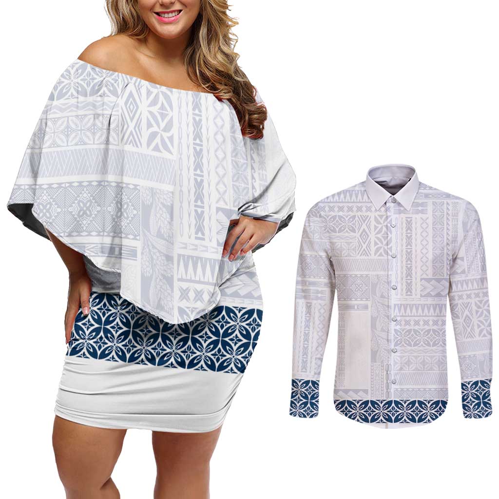 Samoa Siapo Blue Trimmed Couples Matching Off Shoulder Short Dress and Long Sleeve Button Shirt Samoa White Sunday - Polynesian Pride