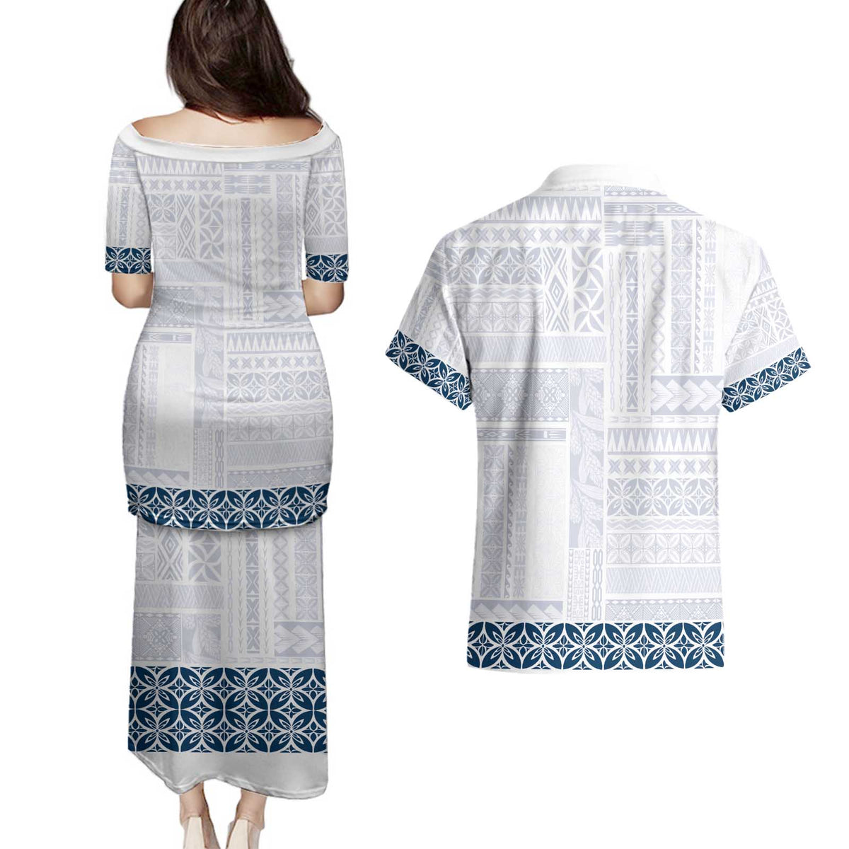 Samoa Siapo Blue Trimmed Couples Matching Puletasi and Hawaiian Shirt Samoa White Sunday - Polynesian Pride