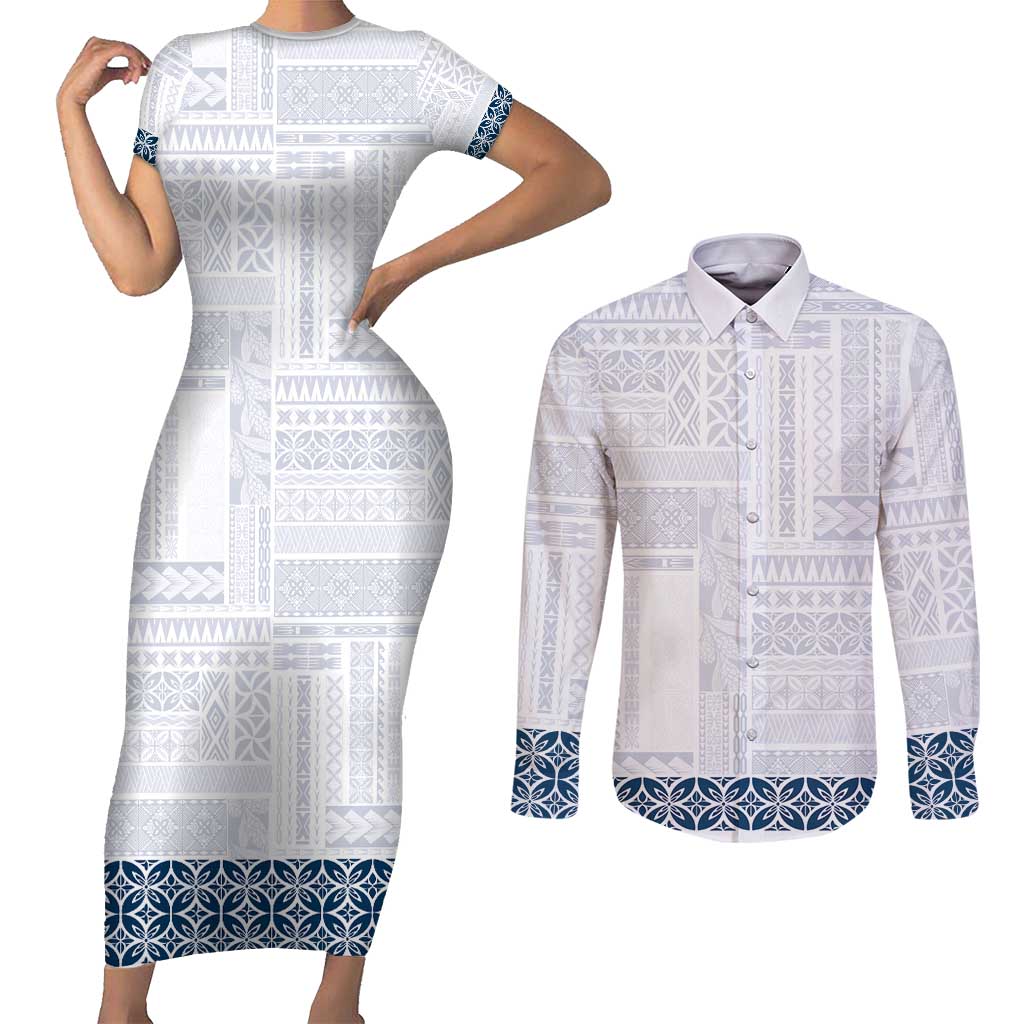 Samoa Siapo Blue Trimmed Couples Matching Short Sleeve Bodycon Dress and Long Sleeve Button Shirt Samoa White Sunday - Polynesian Pride