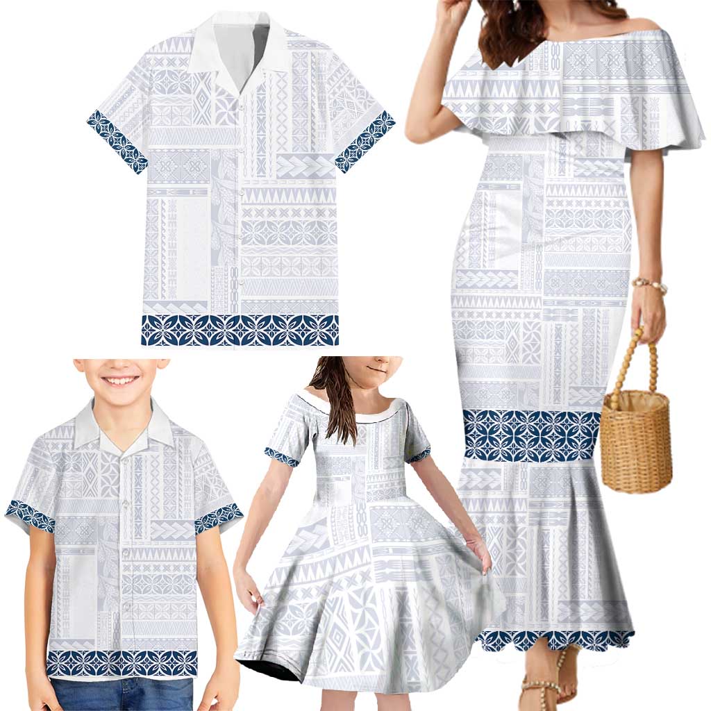 Samoa Siapo Blue Trimmed Family Matching Mermaid Dress and Hawaiian Shirt Samoa White Sunday - Polynesian Pride