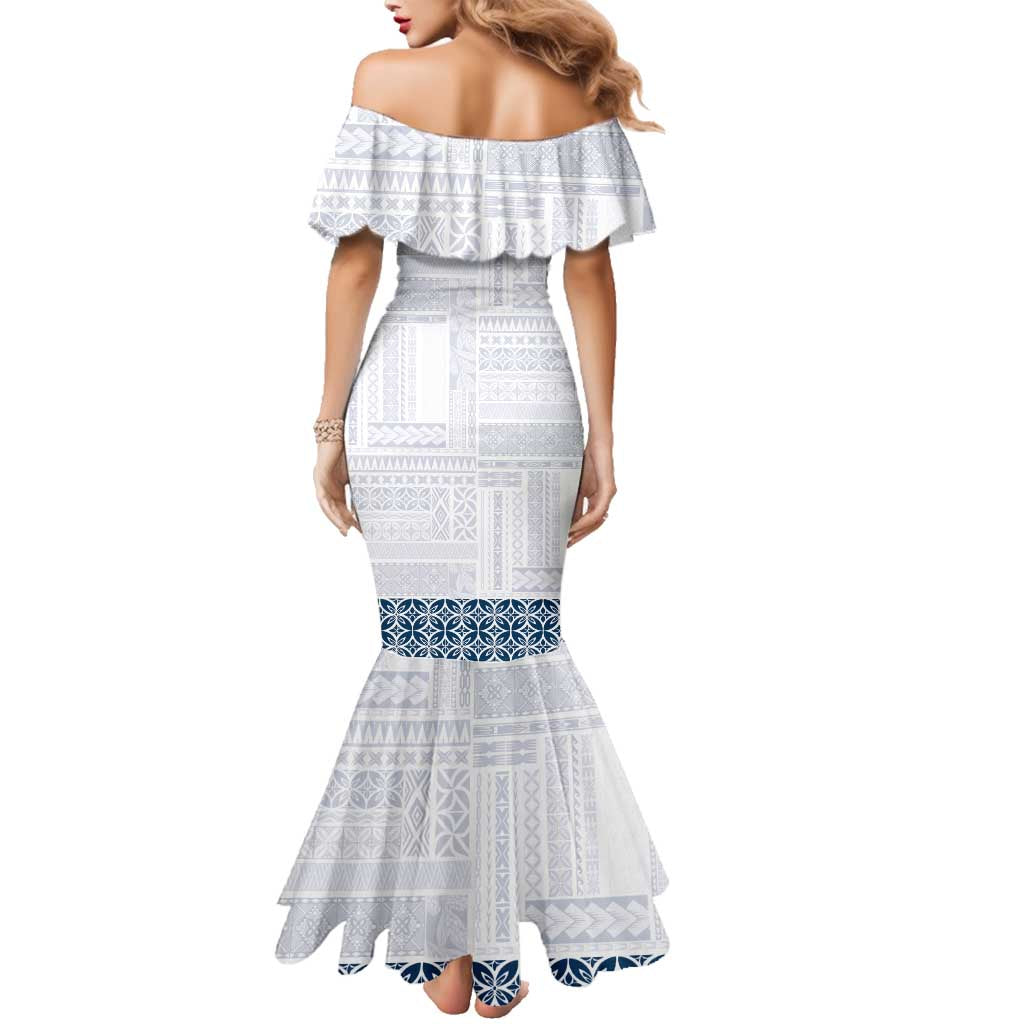 Samoa Siapo Blue Trimmed Family Matching Mermaid Dress and Hawaiian Shirt Samoa White Sunday - Polynesian Pride