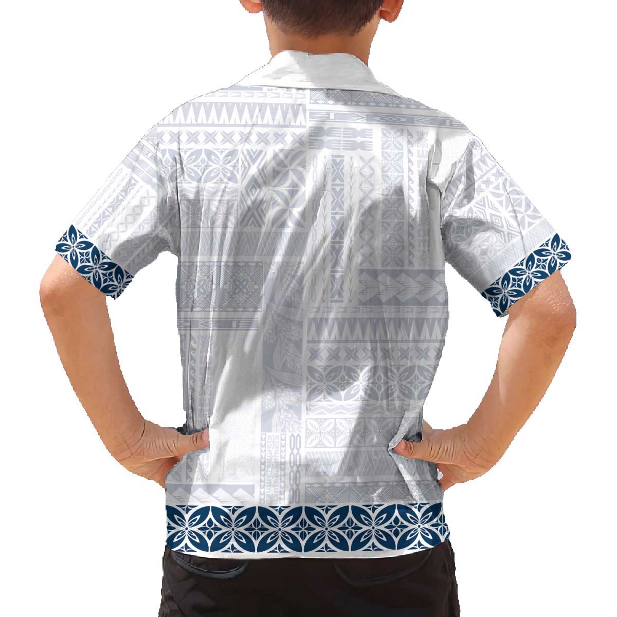 Samoa Siapo Blue Trimmed Family Matching Off The Shoulder Long Sleeve Dress and Hawaiian Shirt Samoa White Sunday - Polynesian Pride