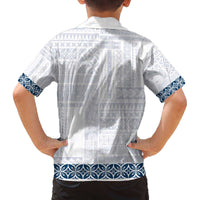 Samoa Siapo Blue Trimmed Family Matching Off The Shoulder Long Sleeve Dress and Hawaiian Shirt Samoa White Sunday - Polynesian Pride