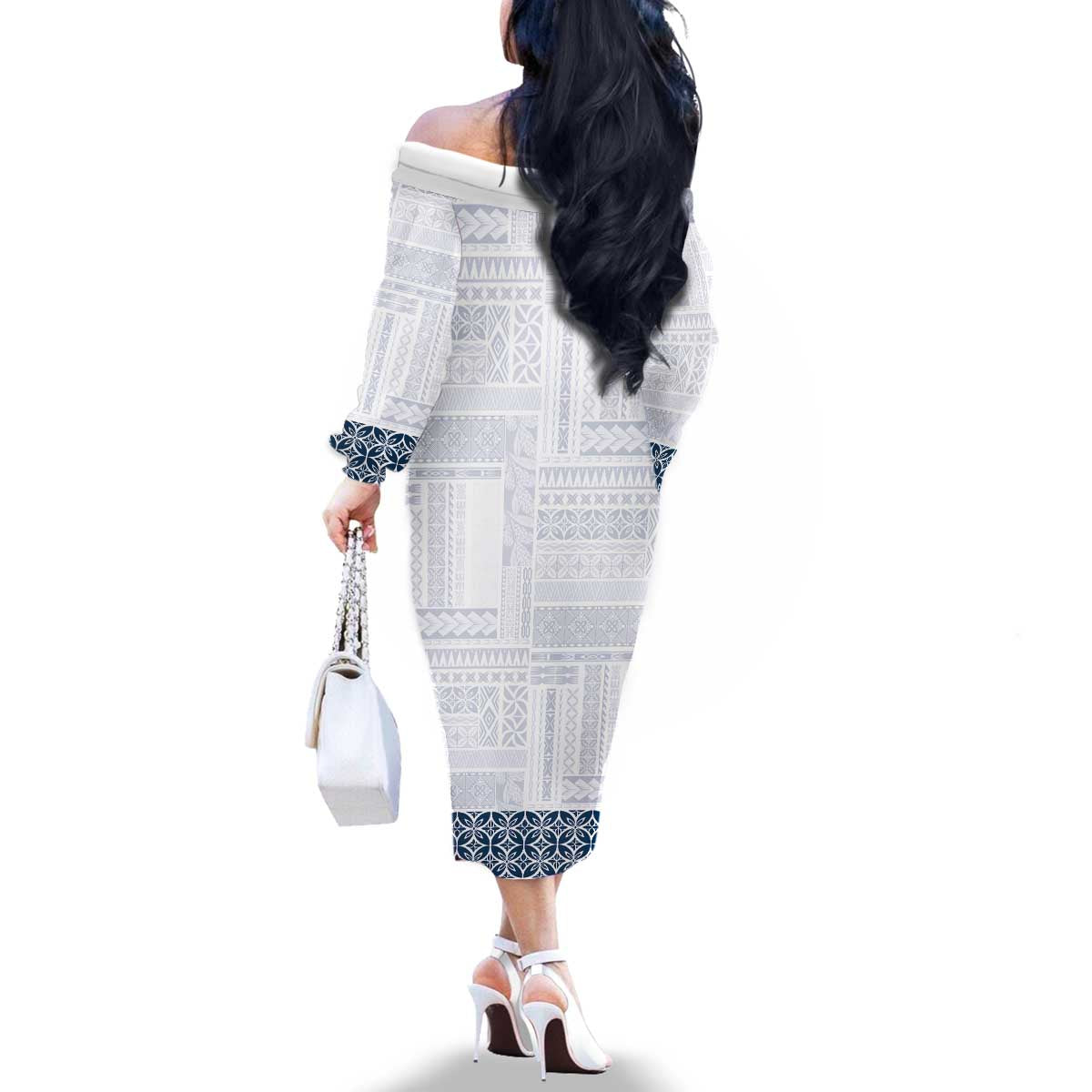 Samoa Siapo Blue Trimmed Family Matching Off The Shoulder Long Sleeve Dress and Hawaiian Shirt Samoa White Sunday - Polynesian Pride