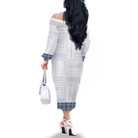 Samoa Siapo Blue Trimmed Family Matching Off The Shoulder Long Sleeve Dress and Hawaiian Shirt Samoa White Sunday - Polynesian Pride