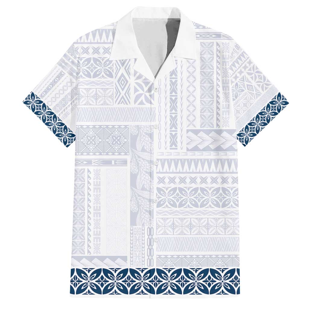 Samoa Siapo Blue Trimmed Family Matching Off Shoulder Maxi Dress and Hawaiian Shirt Samoa White Sunday - Polynesian Pride