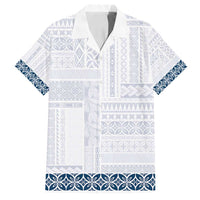 Samoa Siapo Blue Trimmed Family Matching Off Shoulder Short Dress and Hawaiian Shirt Samoa White Sunday - Polynesian Pride