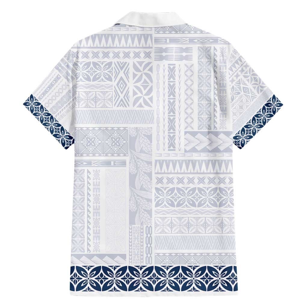 Samoa Siapo Blue Trimmed Family Matching Short Sleeve Bodycon Dress and Hawaiian Shirt Samoa White Sunday - Polynesian Pride