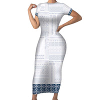 Samoa Siapo Blue Trimmed Family Matching Short Sleeve Bodycon Dress and Hawaiian Shirt Samoa White Sunday - Polynesian Pride